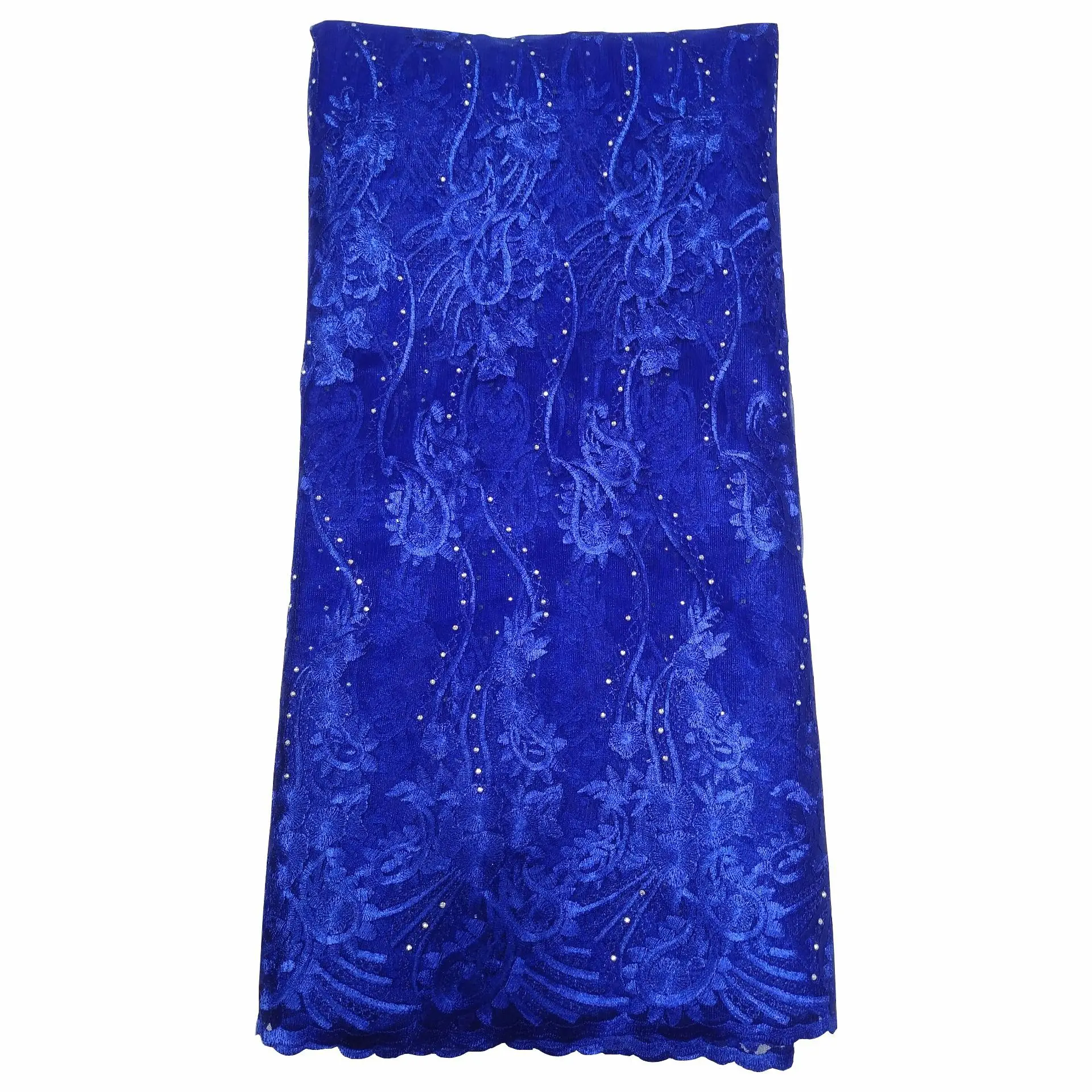 2019 High Quality African French Lace Fabric Blue Swiss Voile Lace in Switzerland With Stones Lace Fabric