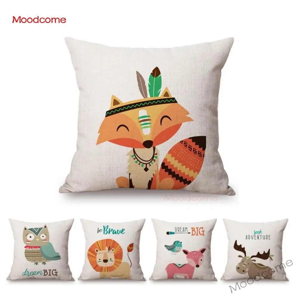 Cute Forest Animals Owl Raccoon Fox Bear Baby Cartoon Art Sofa Throw Pillow Case Lovely Woodland Animal Children Cushion Cover