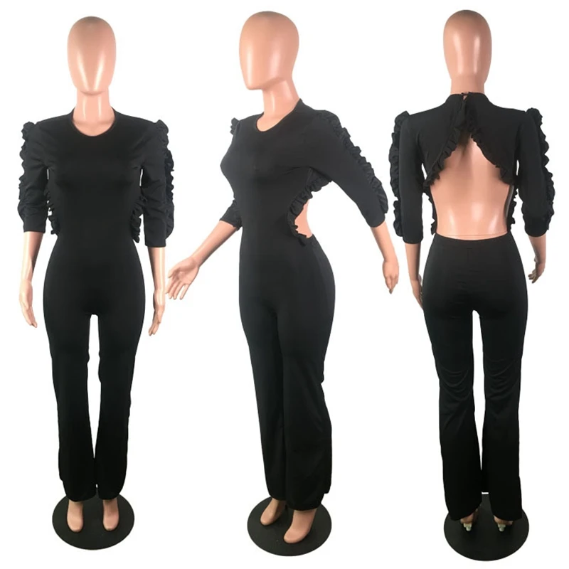 

HAOYUAN Sexy Ruffles Bodycon Jumpsuit Long Sleeve Backless Women Festival Clothing Fashion Streetwear One Piece Club Outfits