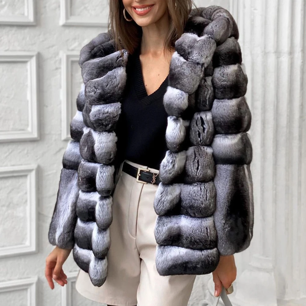 Women Real Rex Rabbit Fur Coat with Hood Thick Warm Fur Overcoat Luxury Whole Skin Genuine Rex Rabbit Fur Jacket Naural Woman enlarge