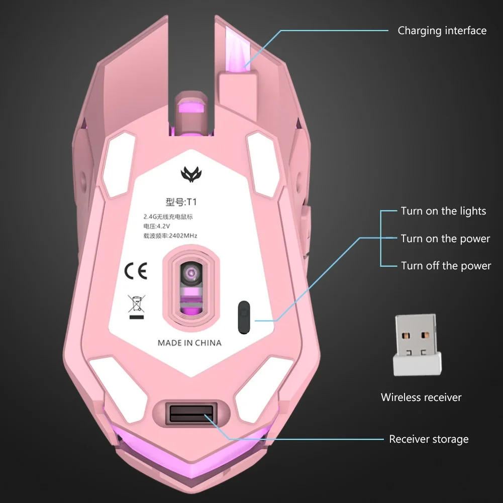 Беспроводная игровая мышь перезаряжаемая розовая USB оптическая компьютерная