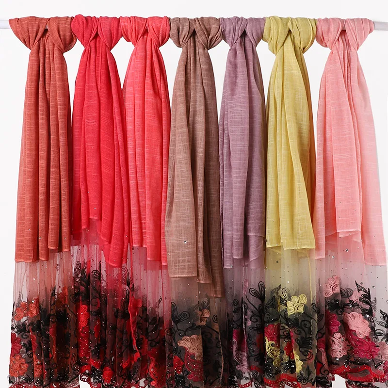 

Muslim Fashion Ladies Turban with Lace Rhinestone Flower Embroidery Long Shawl Plain Soft Scarf Jersey Hijab Islamic Scarf