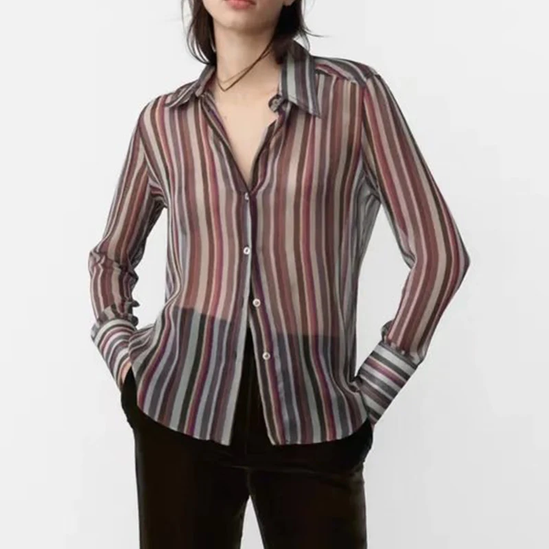 

2021 Autumn Women Fashion Colorful Striped Shirt Vintage Long Sleeve Single-breasted Lapel Female Shirt Chic Top CD8320