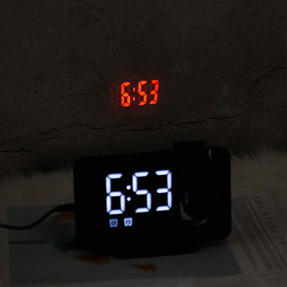 

Digital Alarm Clock Projection Radio Temperature Humidity Time Night Display Mirror LED Clock USB Output Ports Table Clock