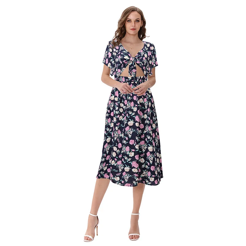 Женское летнее платье с цветочным принтом эластичное длинное пляжное миди