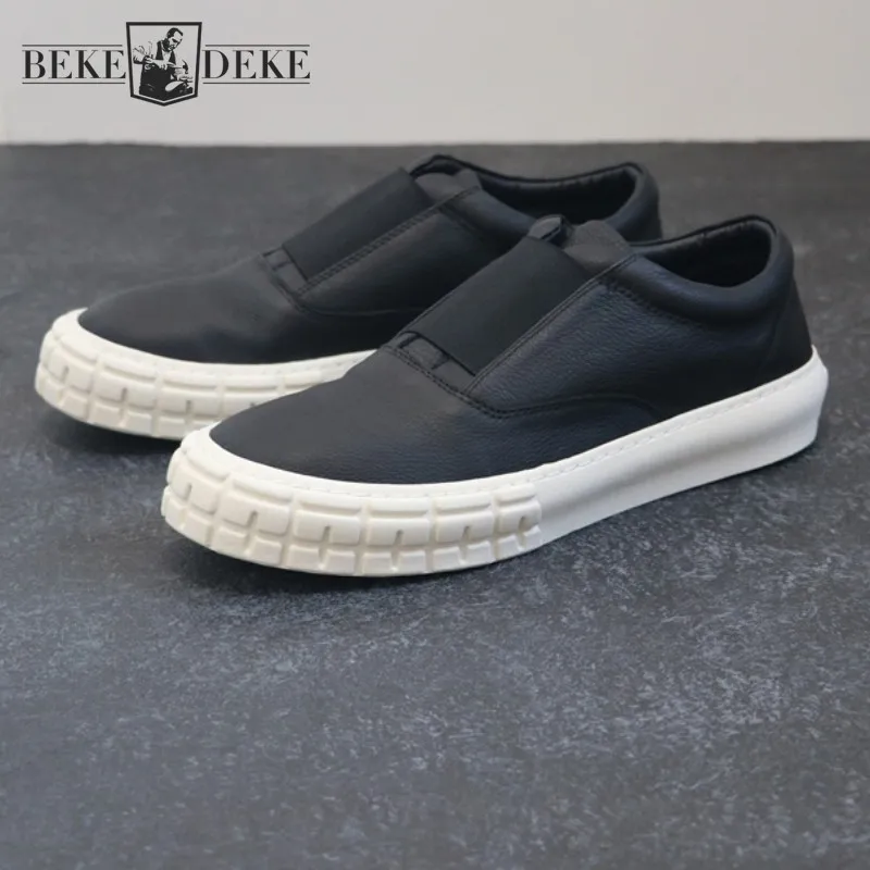 

Solid Color Comfortable Genuine Leather Loafers Men Round Toe Platform Casual Active Shoes Slip-On Mens Sneakers Summer Footwear