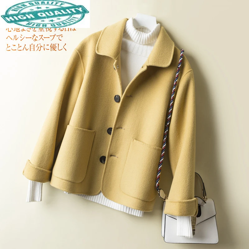

Wool 100% Coat Women Spring Autumn Jacket Short Double-sided Black Yellow Coat Korean Abrigo Mujer 2840 KJ2322