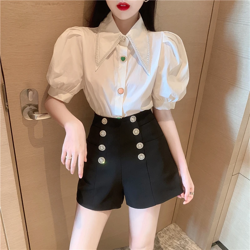 

Summer Two Piece Set Women 2021 Vintage Diamond Beading Shirt High Waist Button Shorts Mujer Sets