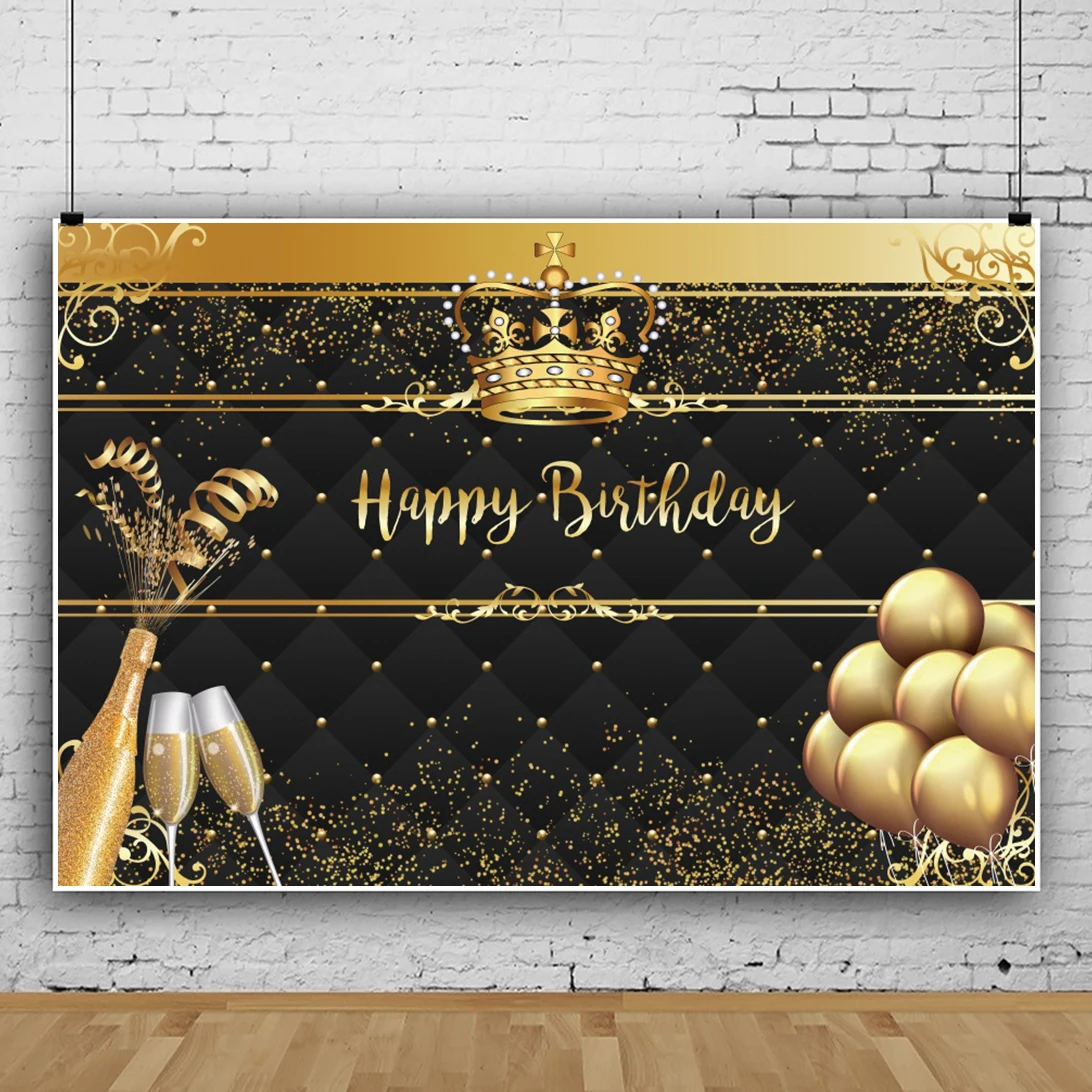 

Laeacco Black Headboard Gold Crown Balloons Birthday Party Customzied Poster Portrait Photo Background Photographic Backdrops