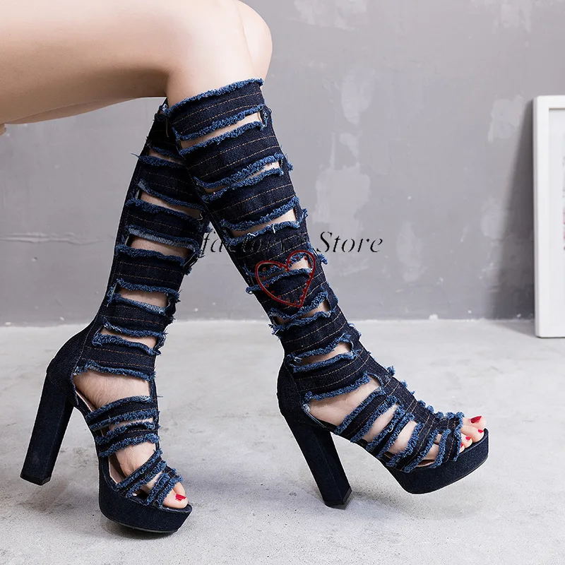 

Chunky Heel High Heel Sandal Boots Hose Sandal Boots Hole Open-Toed Shoes Hollow-out Women's Sexy Hight-Top Rome Sandals Women