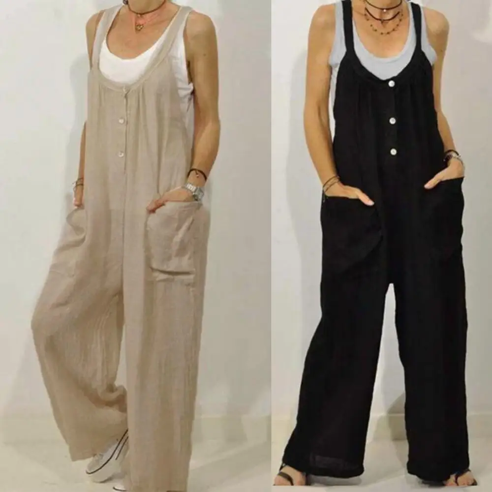 

Комбинезон женский однотонный на пуговицах, хлопково-льняной комбинезон с карманами, повседневный длинный Ромпер, брюки-султанки