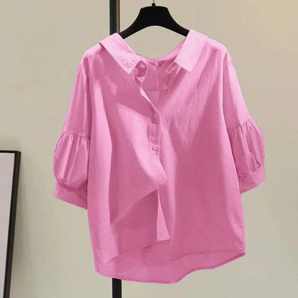

Lantern Sleeve Cotton Linen Shirt Women 2021 Summer New Style Korean Loose Casual Shirt Three-quarter Sleeve Top