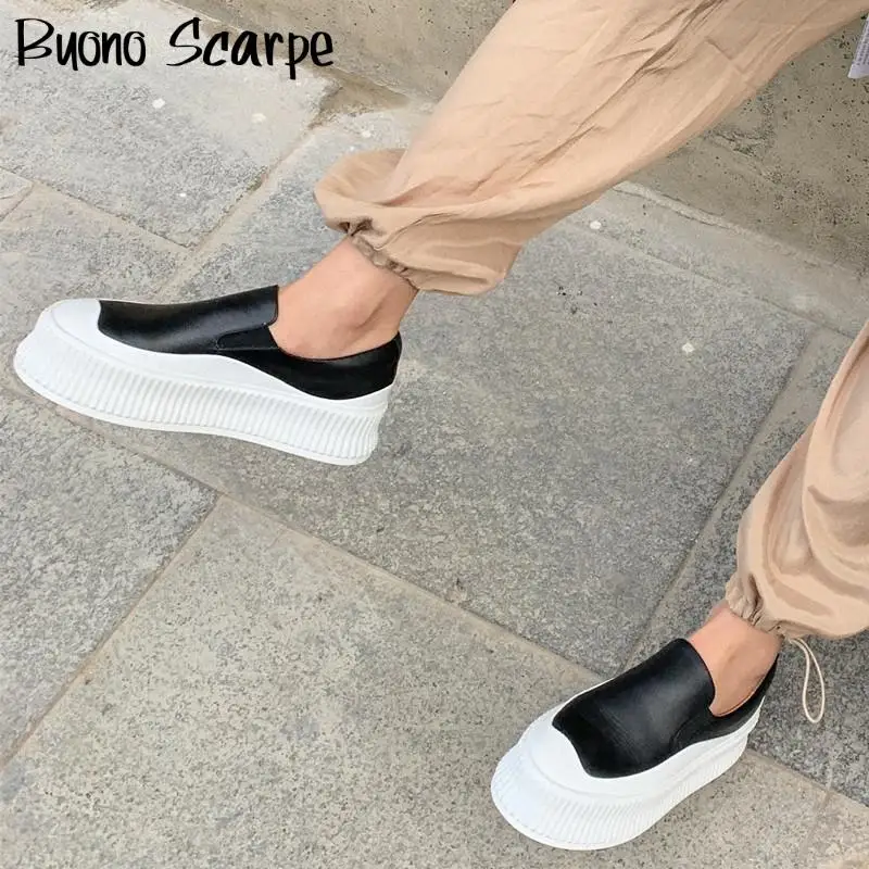 

Solid Height Increasing Loafers Flat Round Toe Women Flats Real Leather Shallow Breathable Platform Soft Women Single Shoes New