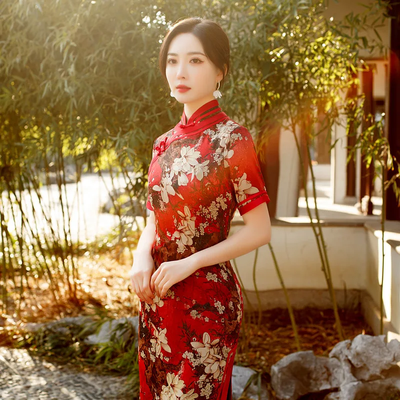 

Vintage Women Party Dresses Elegant Floral Print Chinese Cheongsam Dress Summer Ladies Mini Dress Hanfu Tang suit spring