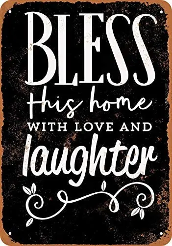 

Bless This Home with Love and Laughter (Black Background) 12 X 8 Inches Retro Metal Tin Sign - Vintage Art Poster Plaque