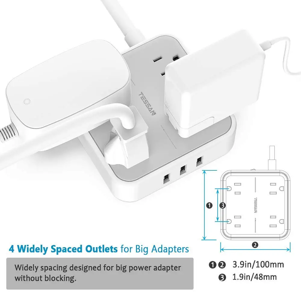 Удлинитель TESSAN с 3 USB портами и 4 розетками удлинитель длиной 5 футов вилка