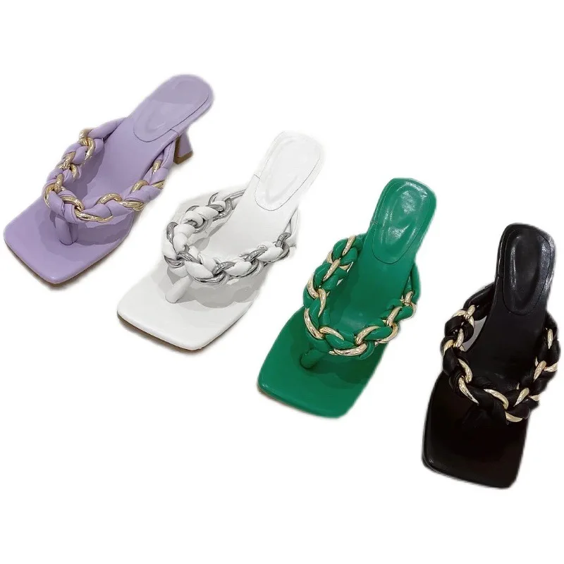 

LEOPARD LAND 2021 Summer Women's Shoes Fashion Braided Metal Decorative Flip-flops Stiletto Heel Hollow High-heeled Slippers JXQ