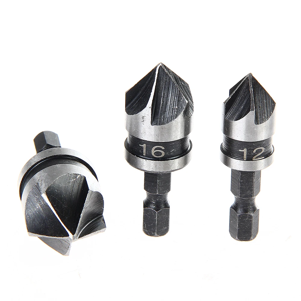 

3 Pcs HSS 6.35mm Hex Shank 5 Flute Chamfer Debur Countersink Drill Bit 90 Degree