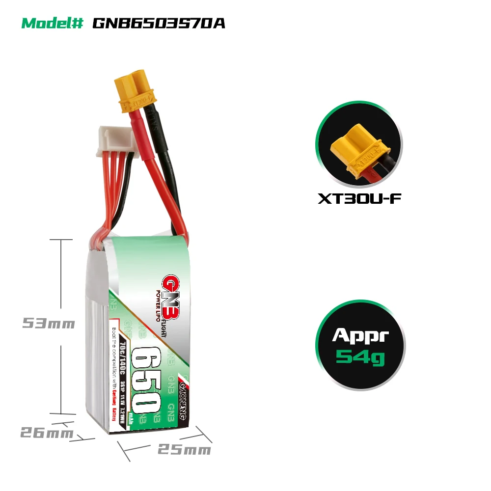 Gaoneng-bater&iacute;a Lipo para Dron teledirigido, accesorio GNB de 650mAh, 11,1 V, 3S, 70C/140C con enchufe JST/XT30, para Dron de carreras DYS FPV, 4 ejes, 2 piezas-0