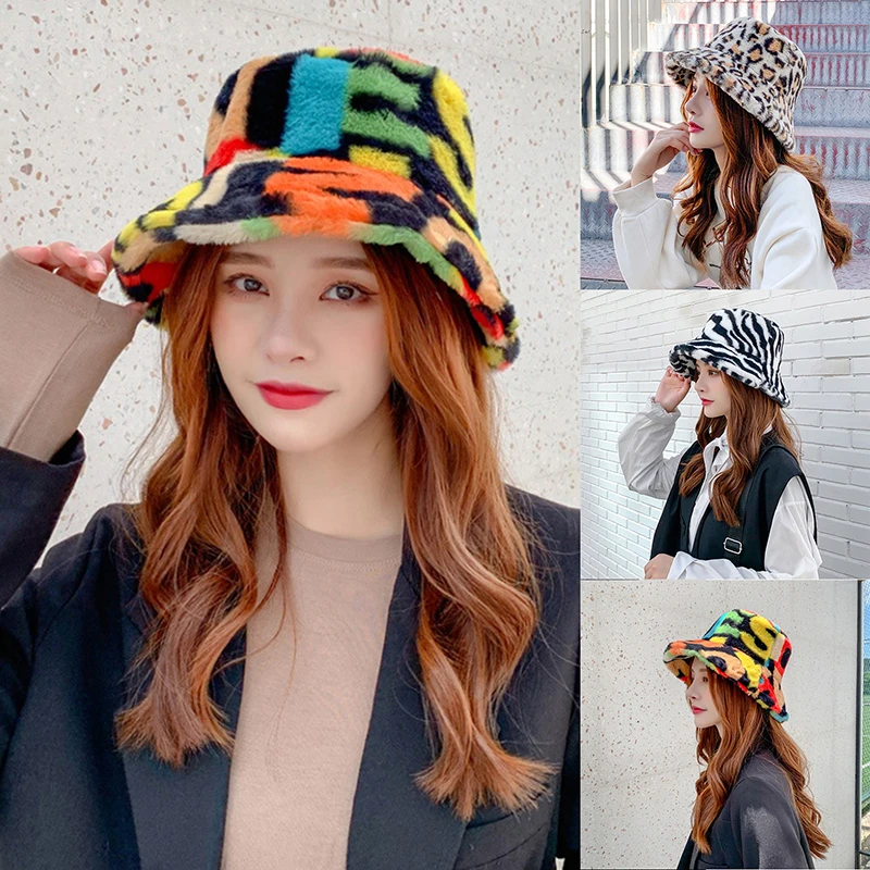 

New Outdoor Bucket Hat Letter Design Faux Fur Multicolor Fishing Hats Winter Soft Warm Women Beanies Winter Warm Flat Cap