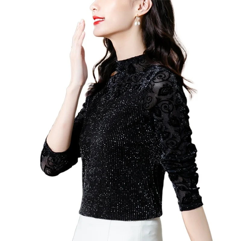 

autumn women's bottoming Shirt New three color foreign style inner mesh small Shirt silver fox velvet lace top Fashion Hot Sale