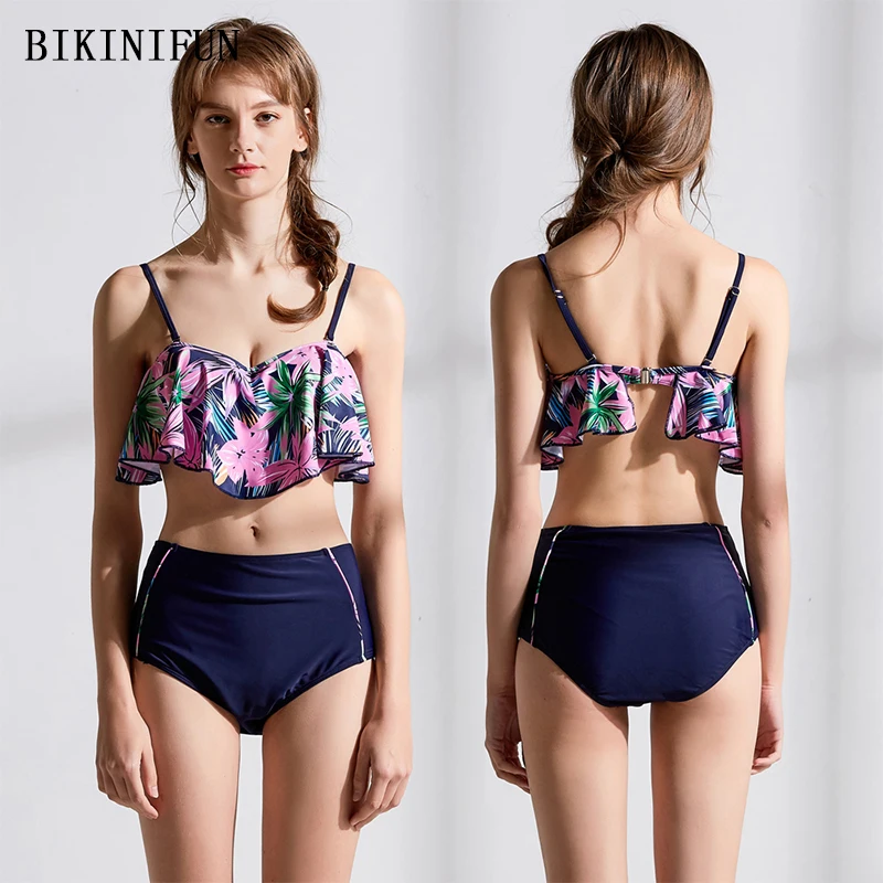 Новый сексуальный бикини со сборками Для женщин Цветочный Принт купальник с