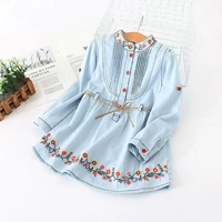 2021 spring autumn 3 12 ages kids embroidery flower long and short sleeve double use denim blue elegant dress for girl with belt