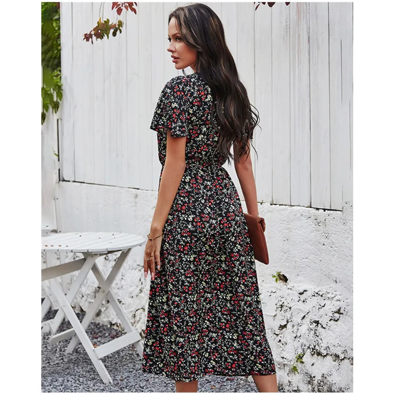 

New Ladies Vintage Maxi Floral Print Summer Dress Women Slim Casual High Waist Button Bohemian Women Beach Dress