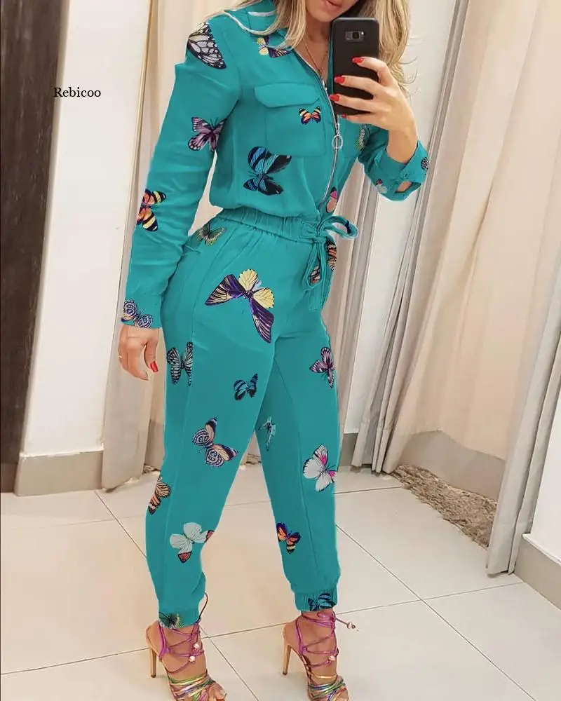 

Women Long Sleeve Zipper Pocket Design Denim Jumpsuit Lace Up Fashion Trends Jumpsuits Overalls