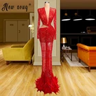 2021 Красное длинное вечернее платье с перьями; Пикантные босоножки с глубоким v-образным вырезом Полный Бисероплетение вечерних платьев Vestido De Novia на Ближнем Востоке, изготовленные на заказ