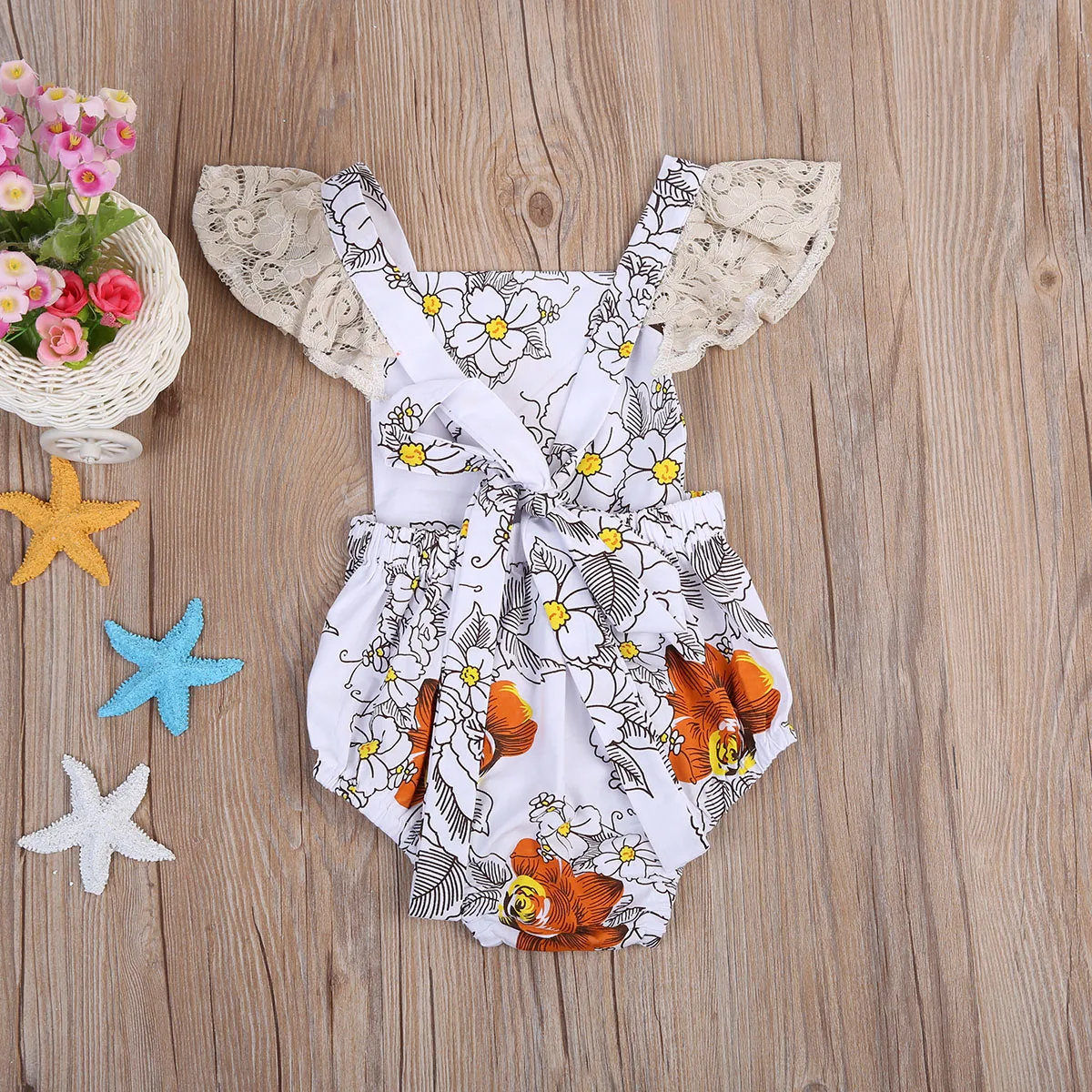Летние Стильные цветочные боди для новорожденных девочек с цветочным кружевом