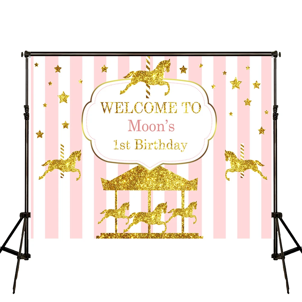 Фон для фотосессии VinylBDS Children 1st Birthday в розовых и золотистых тонах с цифровой принтованной картинкой принцессы на лошади.