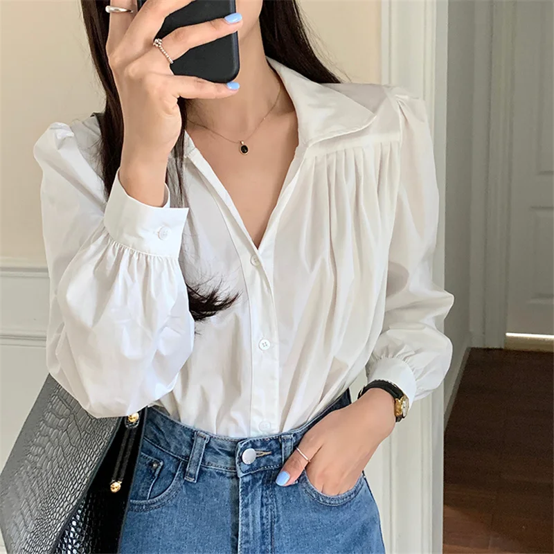 

Женская однобортная блузка на пуговицах, с длинным рукавом и отложным воротником