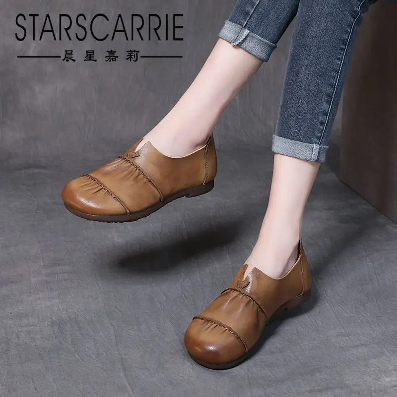 

Handmade leather women's shoes early spring 2021 new flat heel casual soft sole soft leather one foot low top single shoes