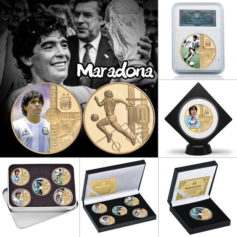 

1960-2020 RIP Diego Maradona Gold Plated Commemorative Coin Set with Coin Holder Football Challenge Coins Souvenir Gift for Him