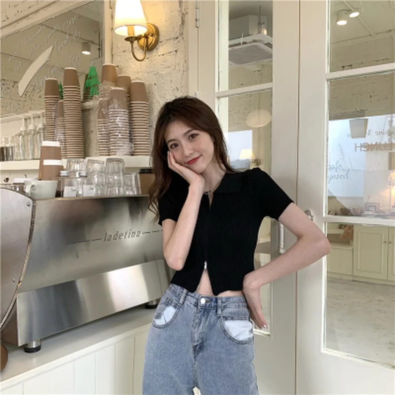 

Cropped T-Shirts Women Vintage T Shirts Short Sleeve Crop Top Female Sexy Tee Shirt Black Top Streetwear Korean Clothes