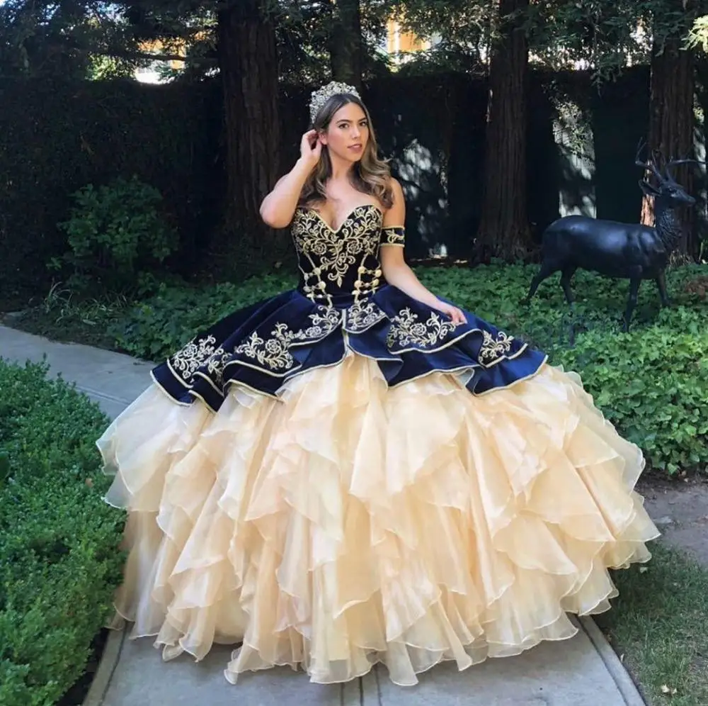 

Navy Velvet Champagne Organza Quinceanera Dresses Damas Embroidery Ruffle Off The Shoulder Corset Back Sweet 16 Dress Prom Gown