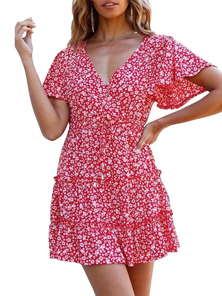 

Women's Clothing Summer Dress The New 2021 V-neck Floral Short Sleeve Skirt