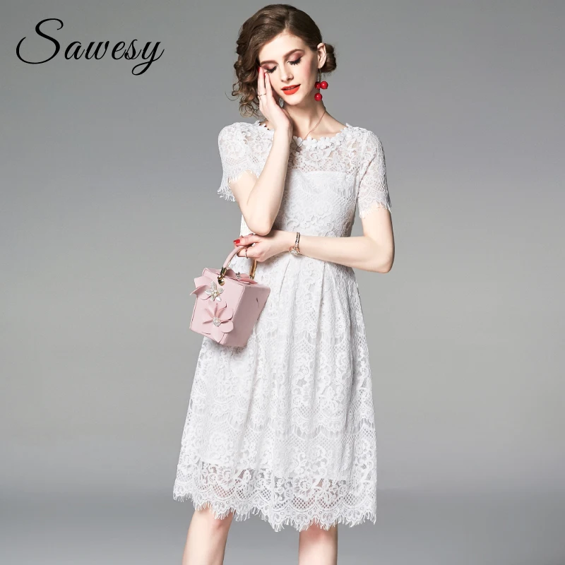 Женские летние элегантные кружевные платья с коротким рукавом в европейском