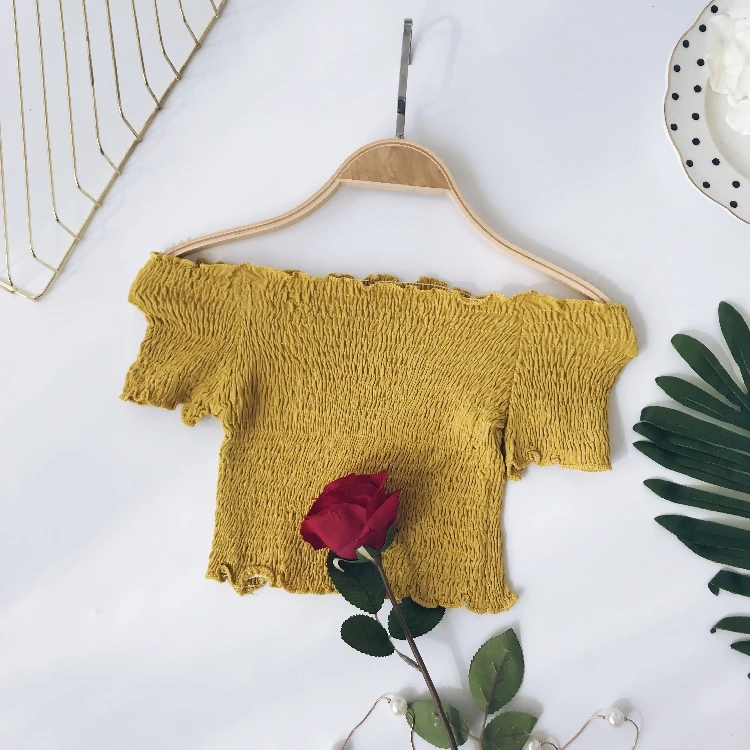 Short Tops Элегантная женская мини-рубашка с вырезом лодочкой, повседневная, милая, женская, короткий рукав, эластичная, высокая талия, тонкая блуза, сексуальная, короткий топ - Цвет: Short Tops