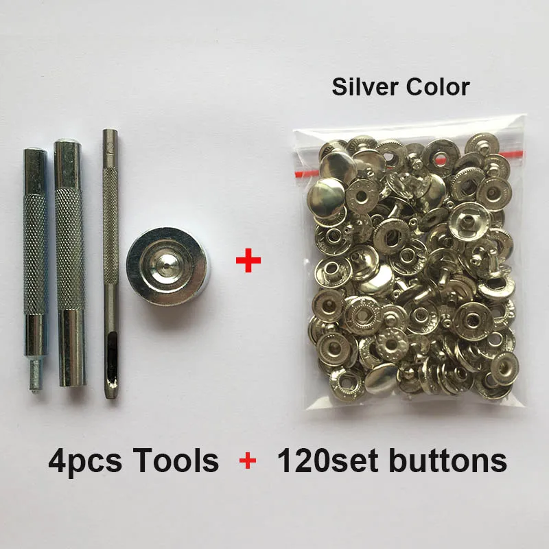 4tools 120set silver 120 набор металлические кнопки 5 цветов+ 4 инструмента металлические шпильки для шитья кожевенного ремесла сумки для одежды ремень - Цвет: 4tools 120set silver