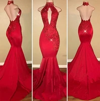red royal blue satin mermaid evening dresses sexy backless halter prom dress appliques beads long women special occasion gowns