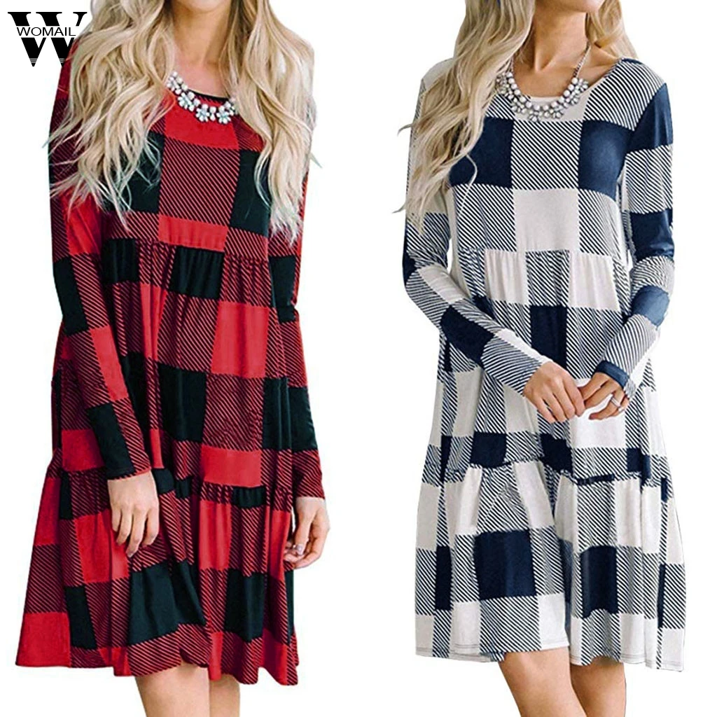 Женское винтажное платье в клетку красное свободное с длинным рукавом