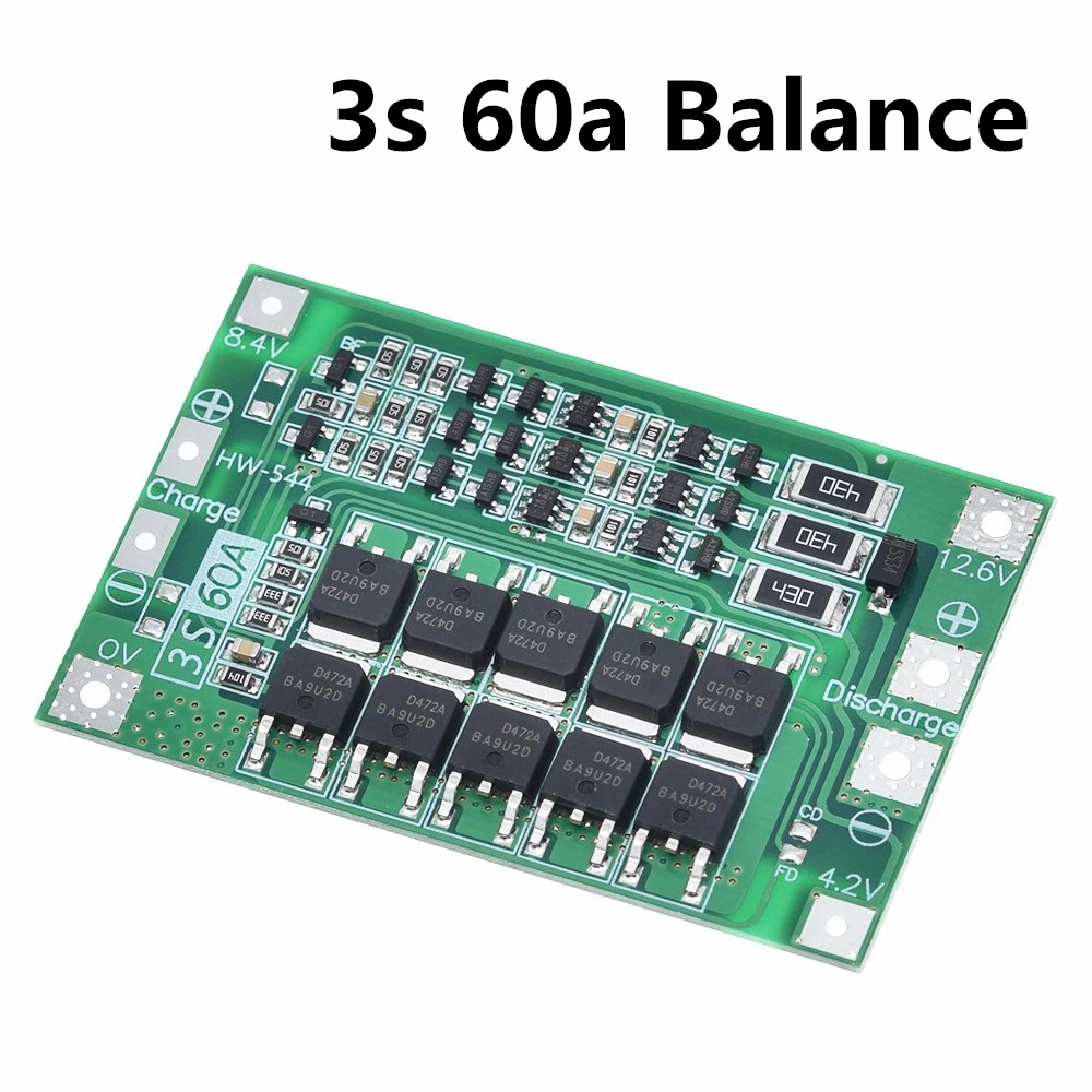 3 S/4S 40A 60A литий-ионный аккумулятор Защитная плата 18650 BMS для электродвигателя 11,1 V 12,6 V/14,8 V 16,8 V - Цвет: 3s 60a balanced