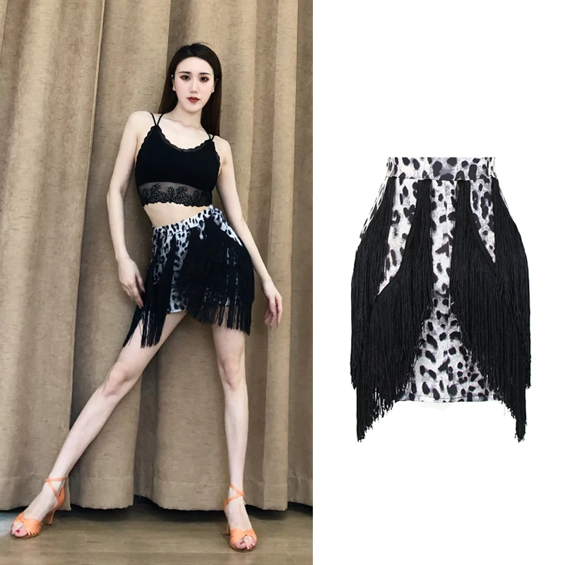 Костюмы для латинских танцев женщин леопардовая юбка с кисточками тренировок