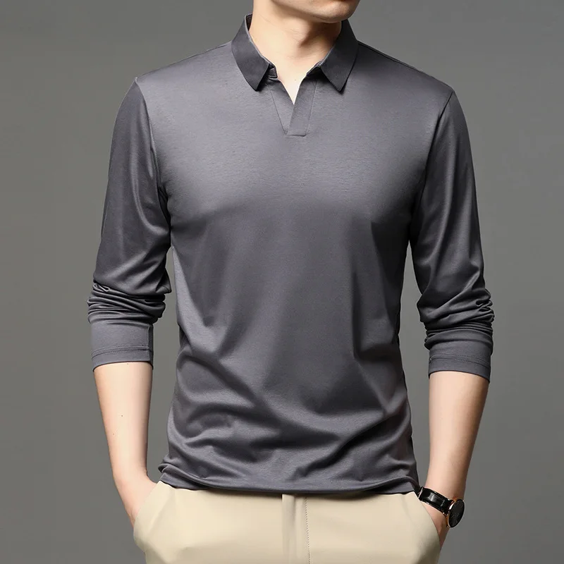 Mercerized Cotton Polo Shirt Men Long Sleeve Comfortable Brand Poloshirt Casual Wear Autumn Solid Color Hombre Loose Black | Мужская