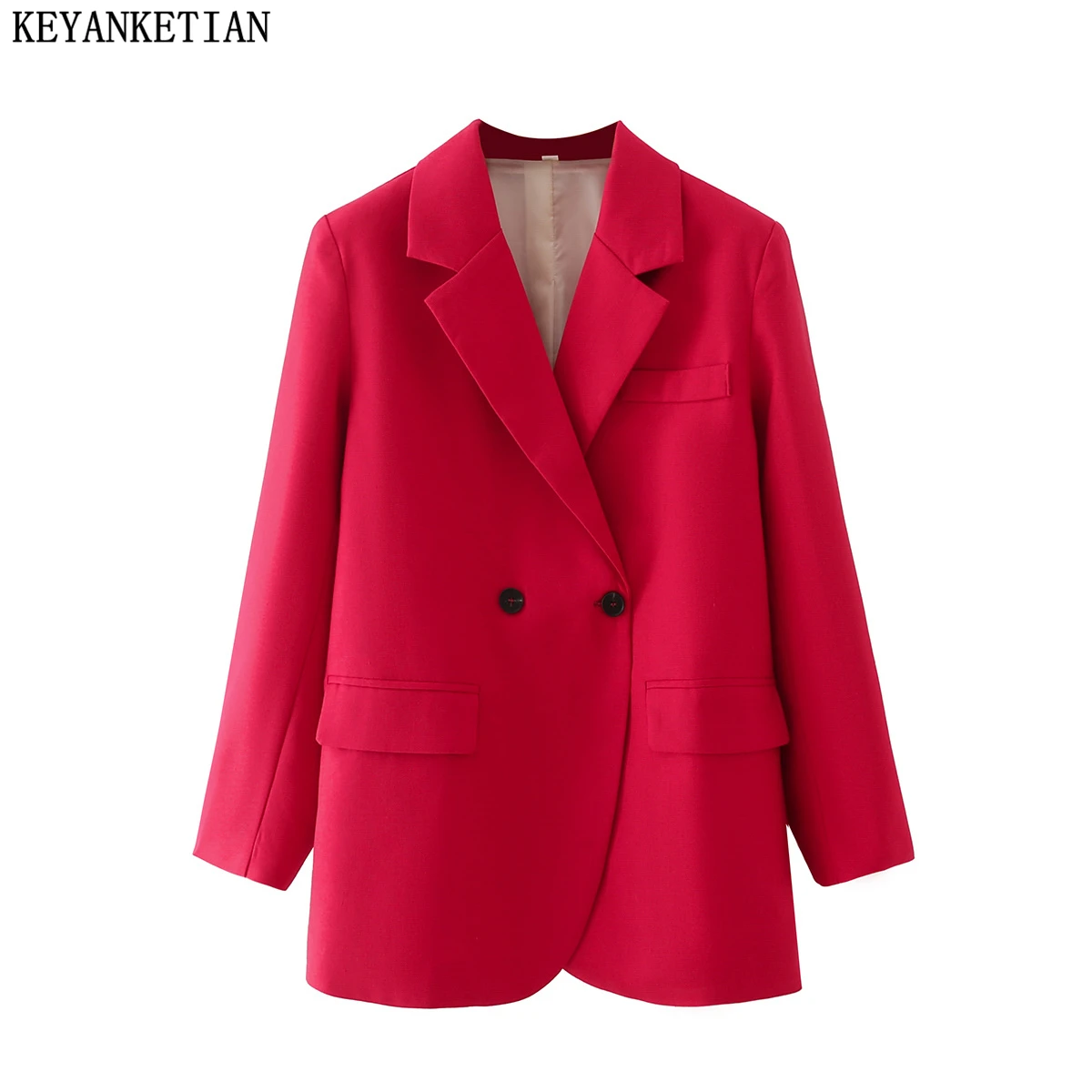

KEYANKETIAN 2021 autumn new female long-sleeved red loose suit jacket double-breasted ladies chic office suit