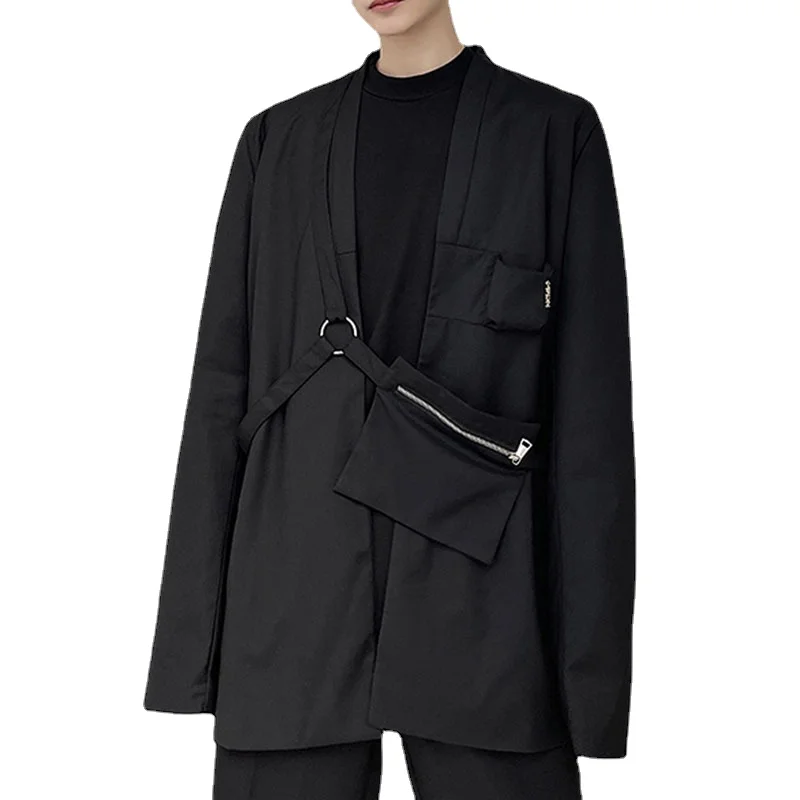 Men Removable Strap Bag Loose Casual Blazers Suit Jacket Japanese Korean Streetwear Vintage Fashion Suit Coat Blazer Man