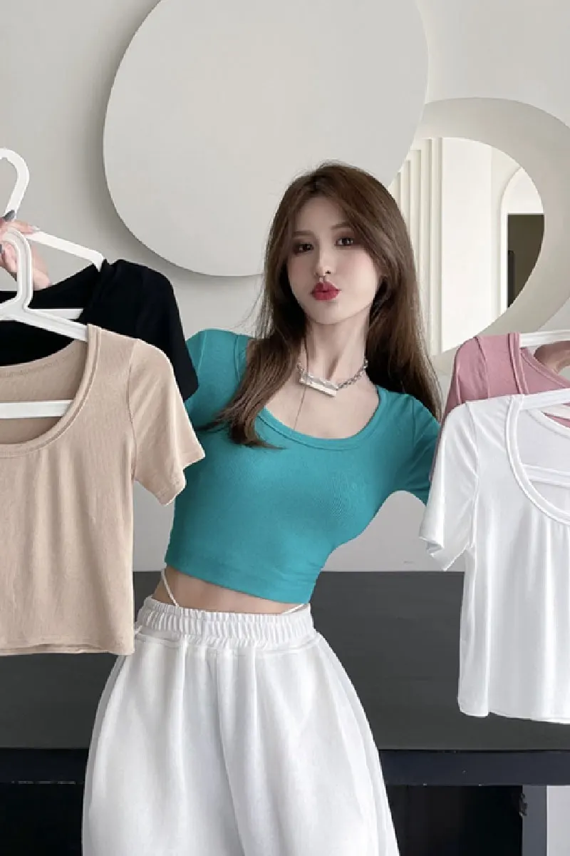 

2021 New Solid Color European And American Style High Waist U-neck Bottoming Shirt Hot Girl Tight Short-sleeved T-shirt