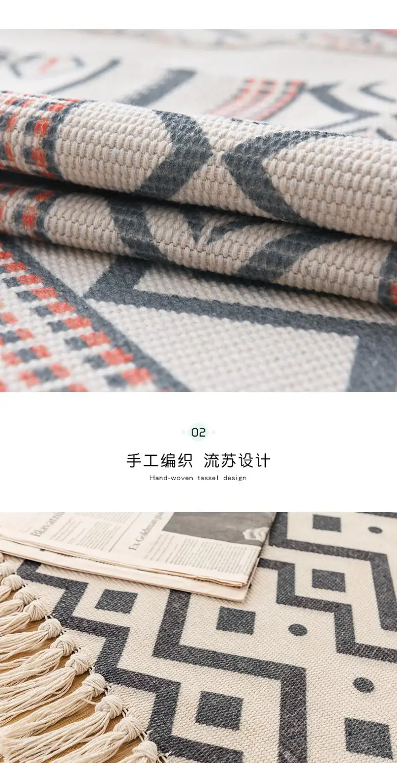 

120x170 CM Retro Bohemian Hand Tassel Woven Cotton Linen Carpet Bedside Rug Geometric Floor Mat Home Decoration